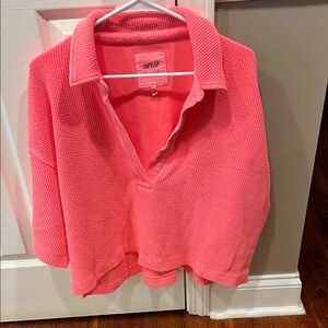 Aerie Neon Pink Collared Cropped Shirt 3/4 sleeve
